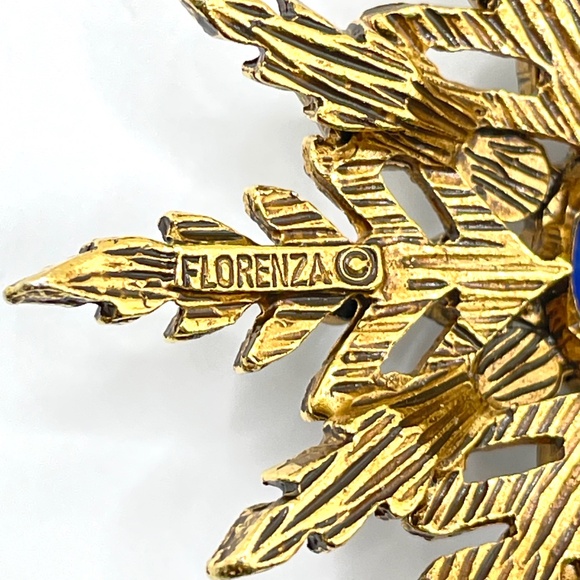 Florenza Signed Vintage Blue Green Textured Gold Tone Pin Brooch Earrings Set - Picture 8 of 9